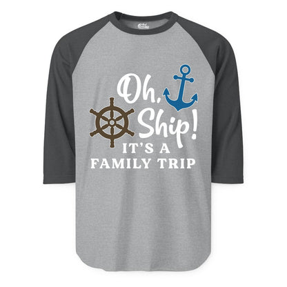 Family Cruise Shirt - Nautical Cruise Vacation Shirt for Families (Raglan) in Heather GreyHeather Charcoal - Oh Ship It’s a Family Trip Nautical Cruise Shirt with Marine Icons