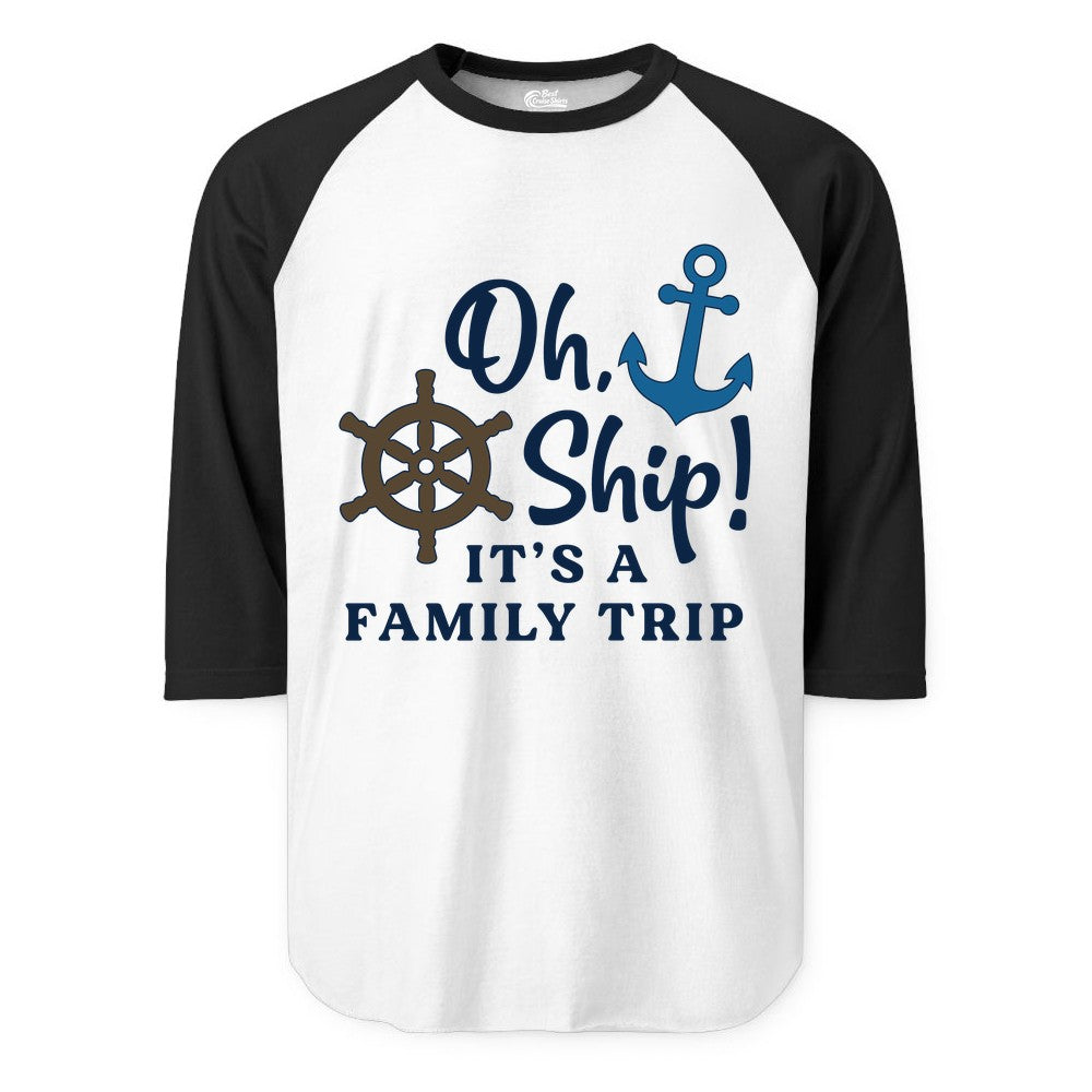 Family Cruise Shirt - Nautical Cruise Vacation Shirt for Families (Raglan) in WhiteBlack - Oh Ship It’s a Family Trip Nautical Cruise Shirt with Marine Icons