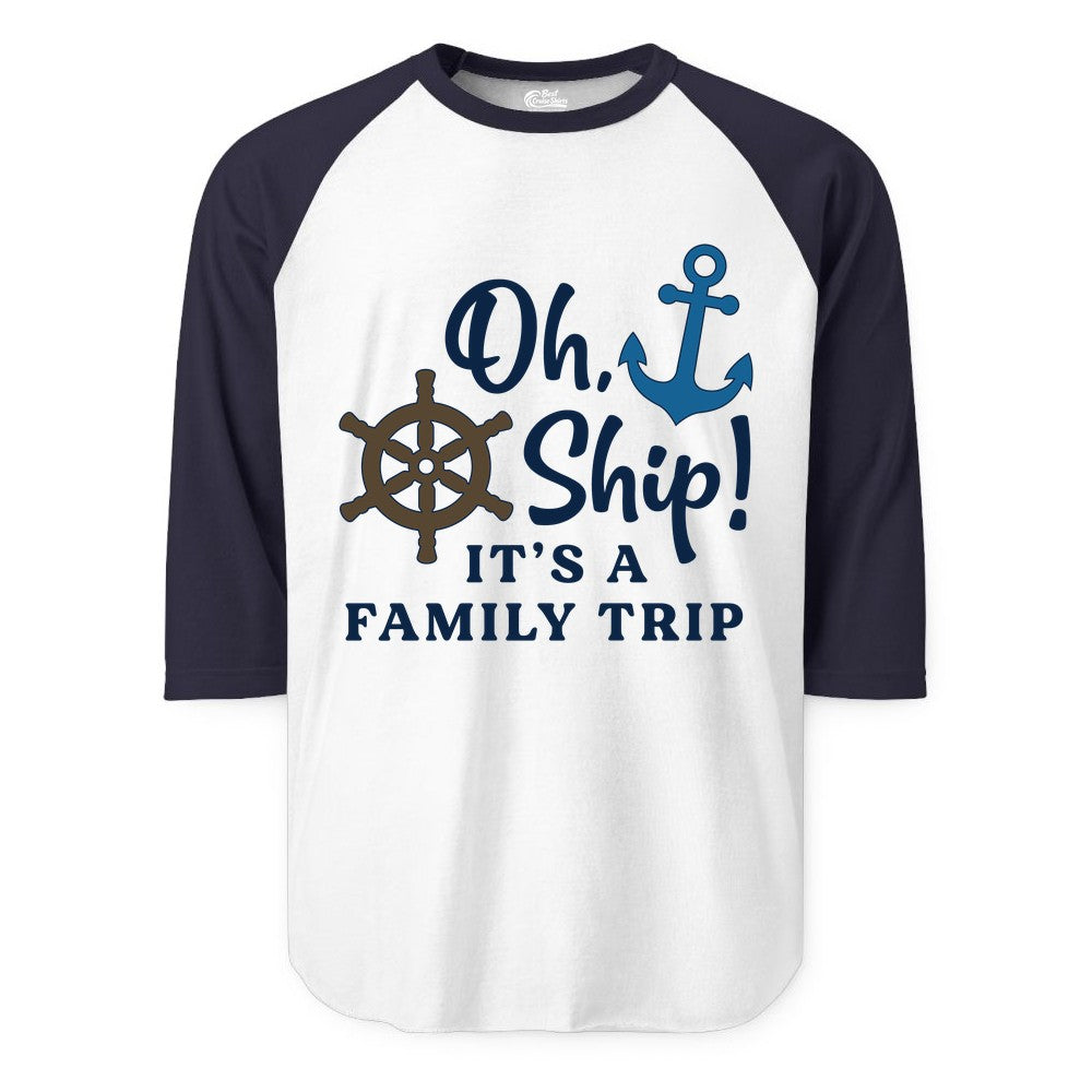 Family Cruise Shirt - Nautical Cruise Vacation Shirt for Families (Raglan) in WhiteNavy - Oh Ship It’s a Family Trip Nautical Cruise Shirt with Marine Icons