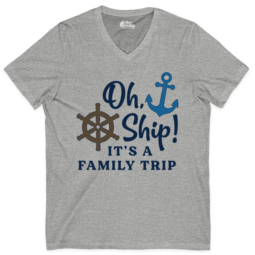 Family Cruise Shirt - Nautical Cruise Vacation Shirt for Families (V-Neck) in Athletic Heather - Oh Ship It’s a Family Trip Nautical Cruise Shirt with Marine Icons