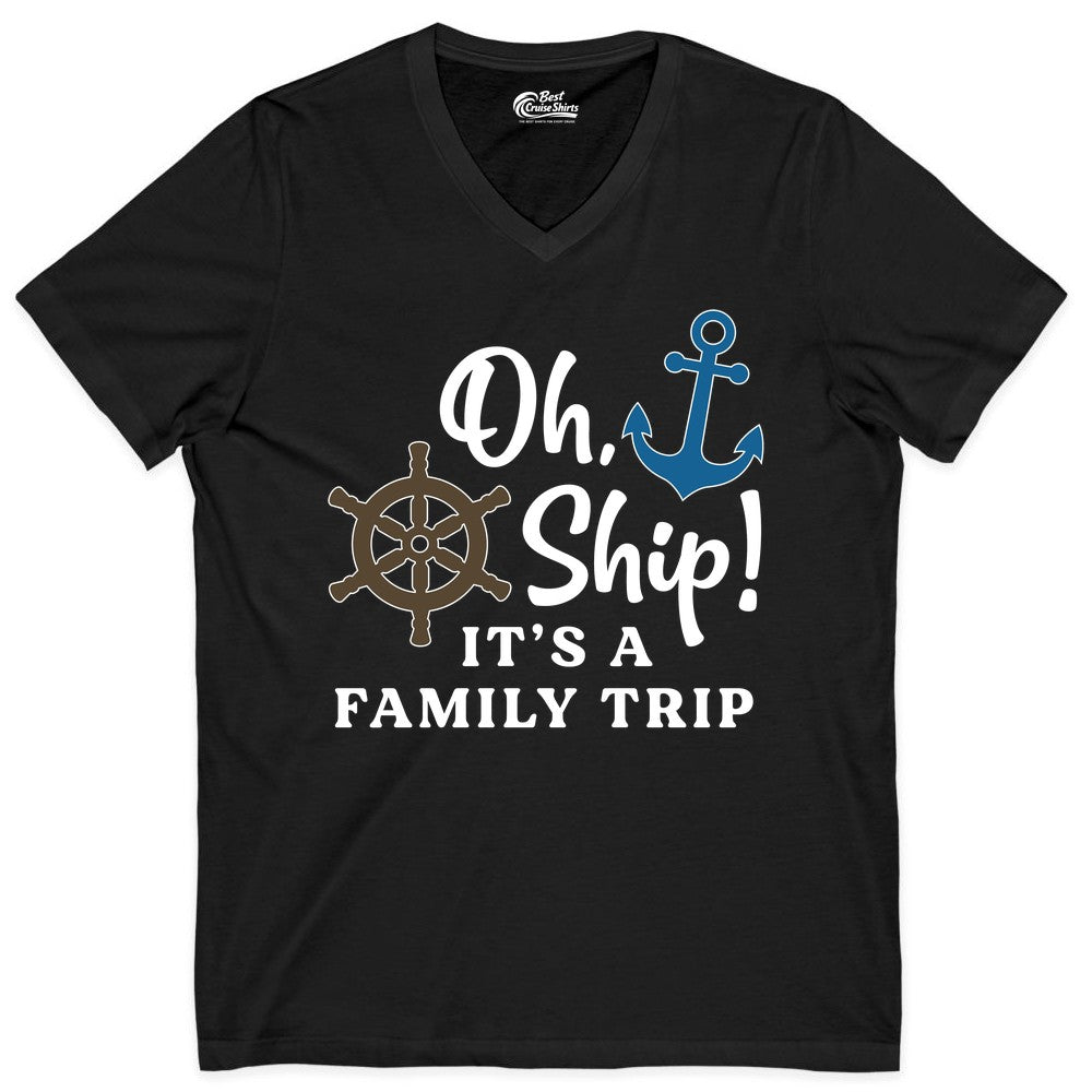 Family Cruise Shirt - Nautical Cruise Vacation Shirt for Families (V-Neck) in Black - Oh Ship It’s a Family Trip Nautical Cruise Shirt with Marine Icons