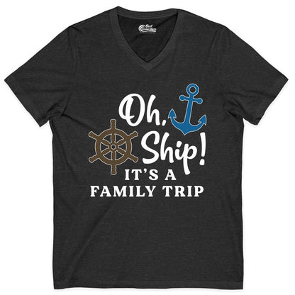 Family Cruise Shirt - Nautical Cruise Vacation Shirt for Families (V-Neck) in Dark Grey Heather - Oh Ship It’s a Family Trip Nautical Cruise Shirt with Marine Icons