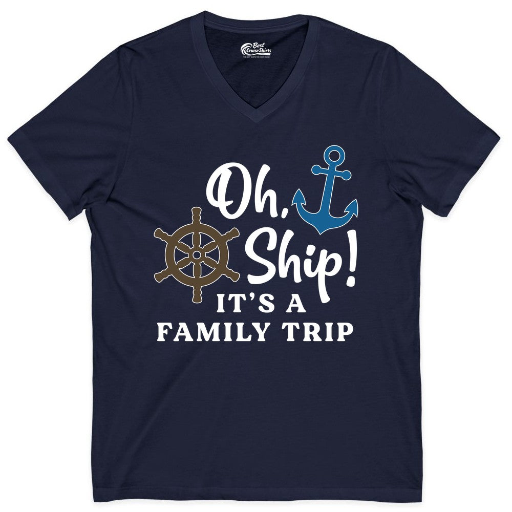 Family Cruise Shirt - Nautical Cruise Vacation Shirt for Families (V-Neck) in Navy - Oh Ship It’s a Family Trip Nautical Cruise Shirt with Marine Icons