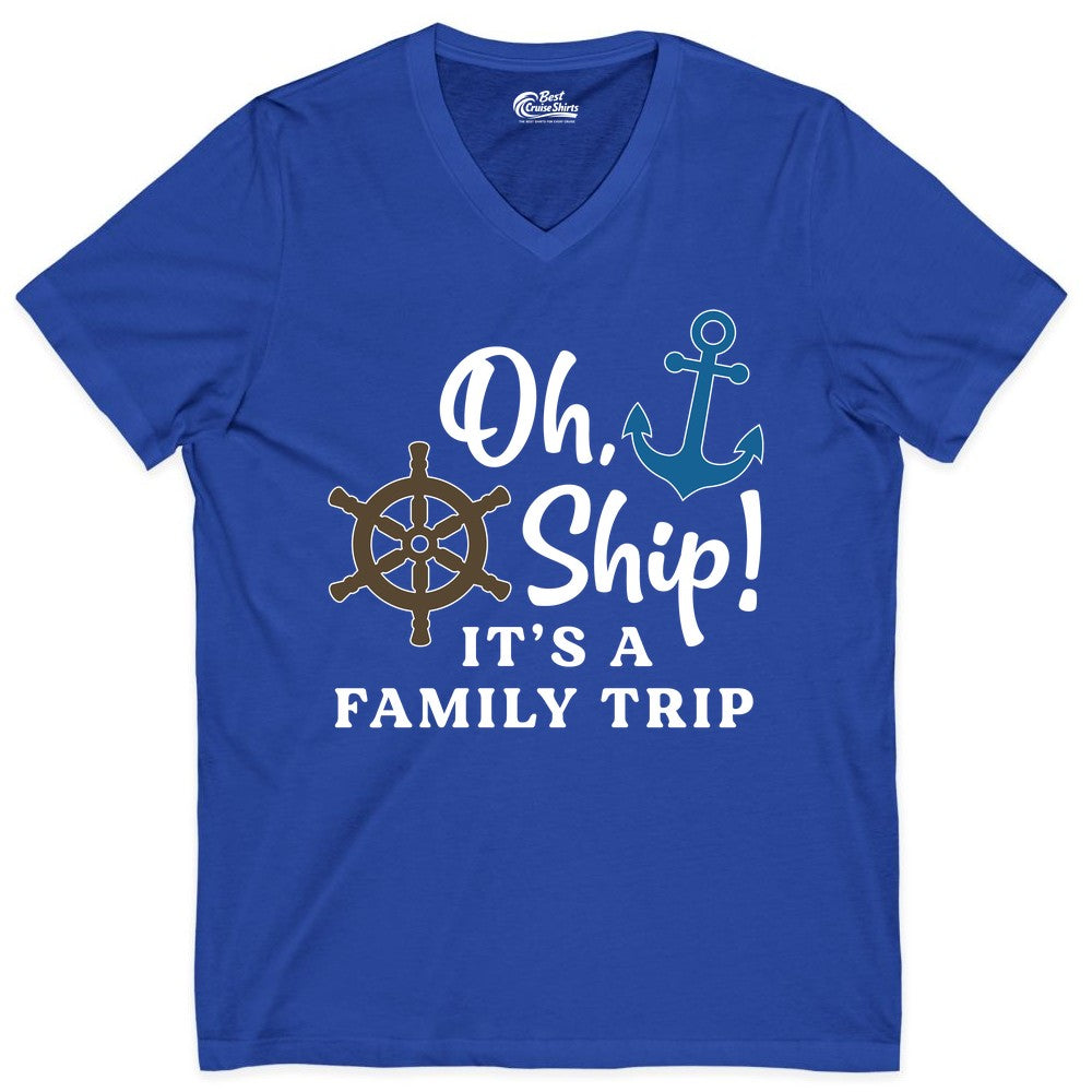 Family Cruise Shirt - Nautical Cruise Vacation Shirt for Families (V-Neck) in True Royal - Oh Ship It’s a Family Trip Nautical Cruise Shirt with Marine Icons