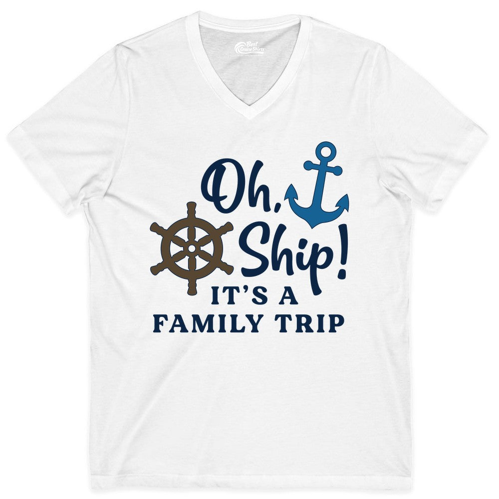 Family Cruise Shirt - Nautical Cruise Vacation Shirt for Families (V-Neck) in White - Oh Ship It’s a Family Trip Nautical Cruise Shirt with Marine Icons