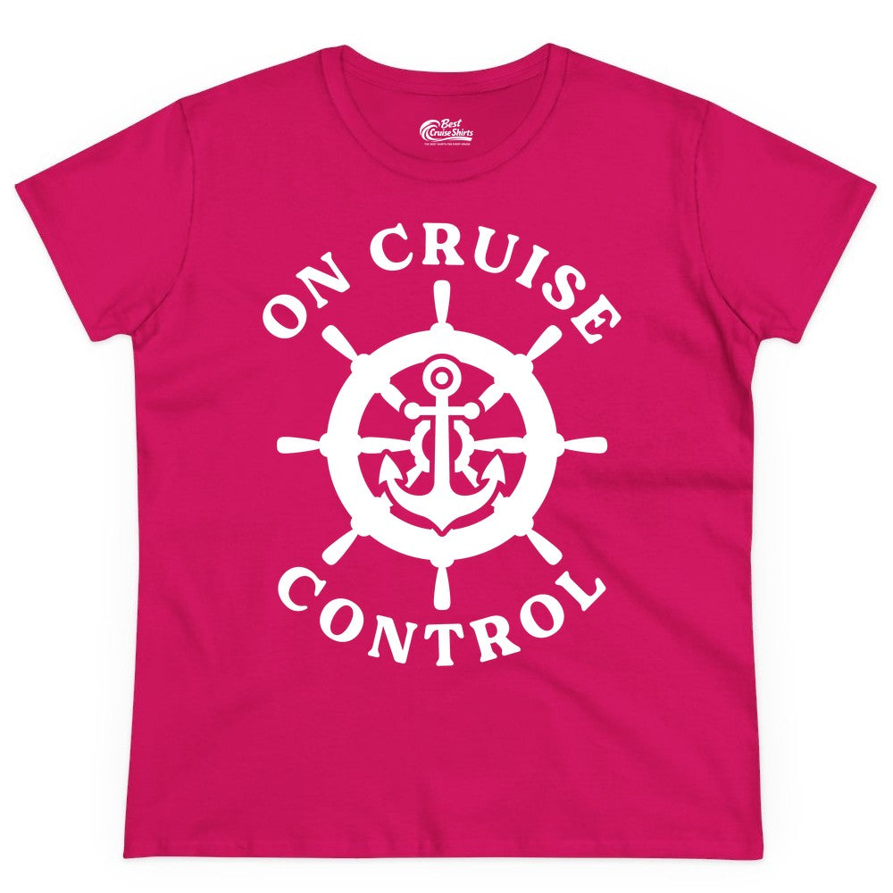 On Cruise Control Shirt - Nautical Cruise T-Shirt for Vacationers (Ladies Tee) in Heliconia - On Cruise Control Nautical Anchor Helm Wheel Cruise Shirt