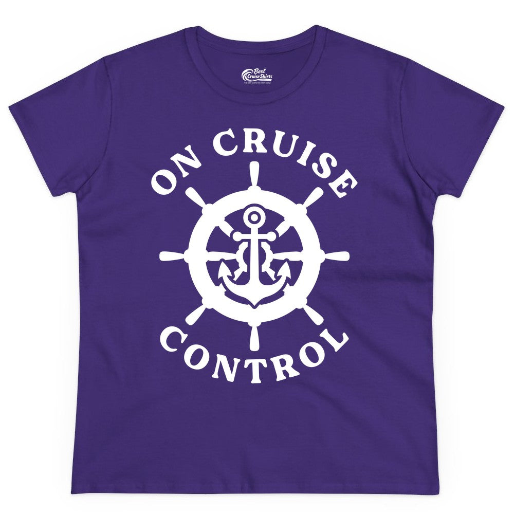 On Cruise Control Shirt - Nautical Cruise T-Shirt for Vacationers (Ladies Tee) in Purple - On Cruise Control Nautical Anchor Helm Wheel Cruise Shirt