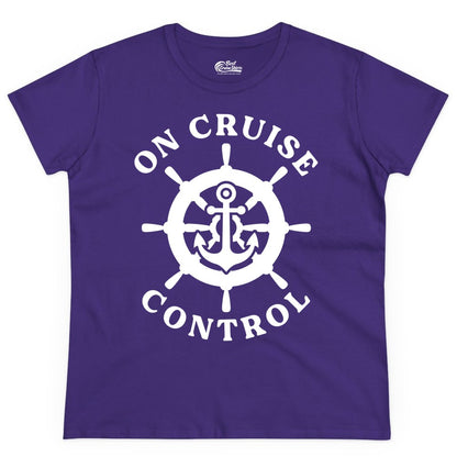 On Cruise Control Shirt - Nautical Cruise T-Shirt for Vacationers (Ladies Tee) in Purple - On Cruise Control Nautical Anchor Helm Wheel Cruise Shirt