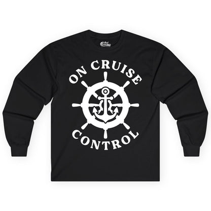 On Cruise Control Shirt - Nautical Cruise T-Shirt for Vacationers (Long Sleeve) in Black - On Cruise Control Nautical Anchor Helm Wheel Cruise Shirt