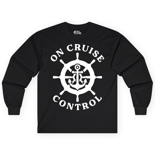 On Cruise Control Shirt - Nautical Cruise T-Shirt for Vacationers (Long Sleeve) in Black - On Cruise Control Nautical Anchor Helm Wheel Cruise Shirt