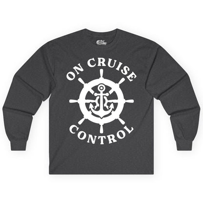 On Cruise Control Shirt - Nautical Cruise T-Shirt for Vacationers (Long Sleeve) in Dark Heather - On Cruise Control Nautical Anchor Helm Wheel Cruise Shirt