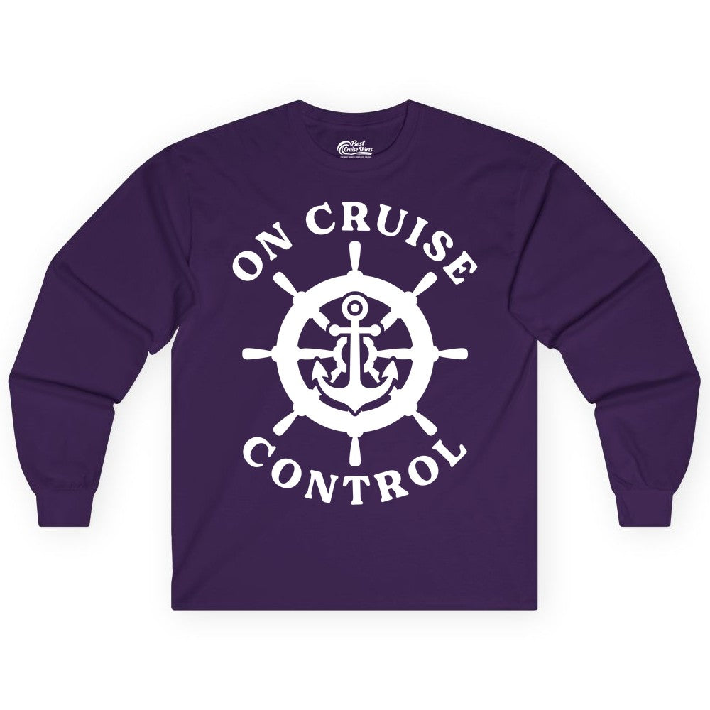On Cruise Control Shirt - Nautical Cruise T-Shirt for Vacationers (Long Sleeve) in Purple - On Cruise Control Nautical Anchor Helm Wheel Cruise Shirt