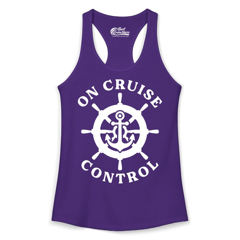 On Cruise Control Shirt - Nautical Cruise T-Shirt for Vacationers (Ladies Tank) in Solid Purple Rush - On Cruise Control Nautical Anchor Helm Wheel Cruise Shirt