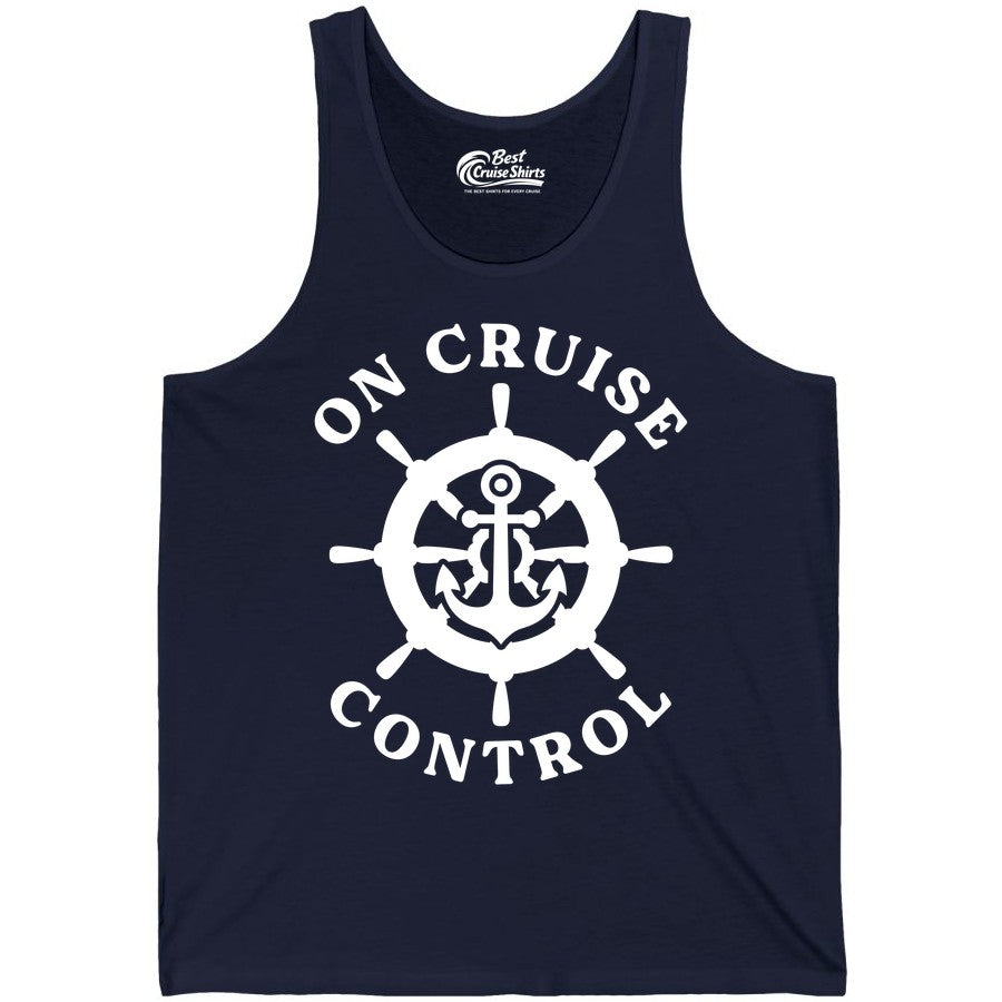 On Cruise Control Shirt - Nautical Cruise T-Shirt for Vacationers (Tank Top) in Navy - On Cruise Control Nautical Anchor Helm Wheel Cruise Shirt