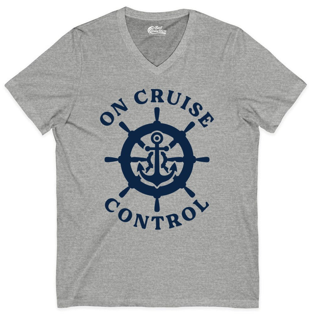 On Cruise Control Shirt - Nautical Cruise T-Shirt for Vacationers (V-Neck) in Athletic Heather - On Cruise Control Nautical Anchor Helm Wheel Cruise Shirt