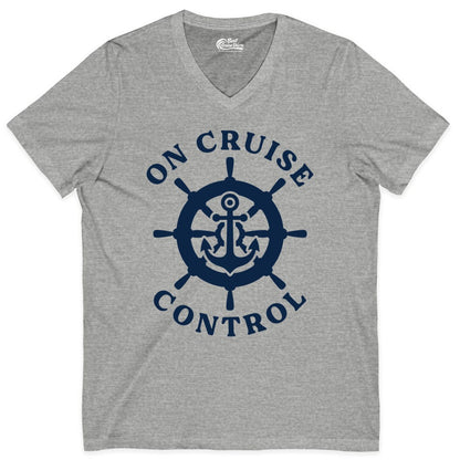 On Cruise Control Shirt - Nautical Cruise T-Shirt for Vacationers (V-Neck) in Athletic Heather - On Cruise Control Nautical Anchor Helm Wheel Cruise Shirt