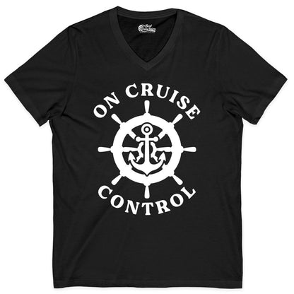 On Cruise Control Shirt - Nautical Cruise T-Shirt for Vacationers (V-Neck) in Black - On Cruise Control Nautical Anchor Helm Wheel Cruise Shirt