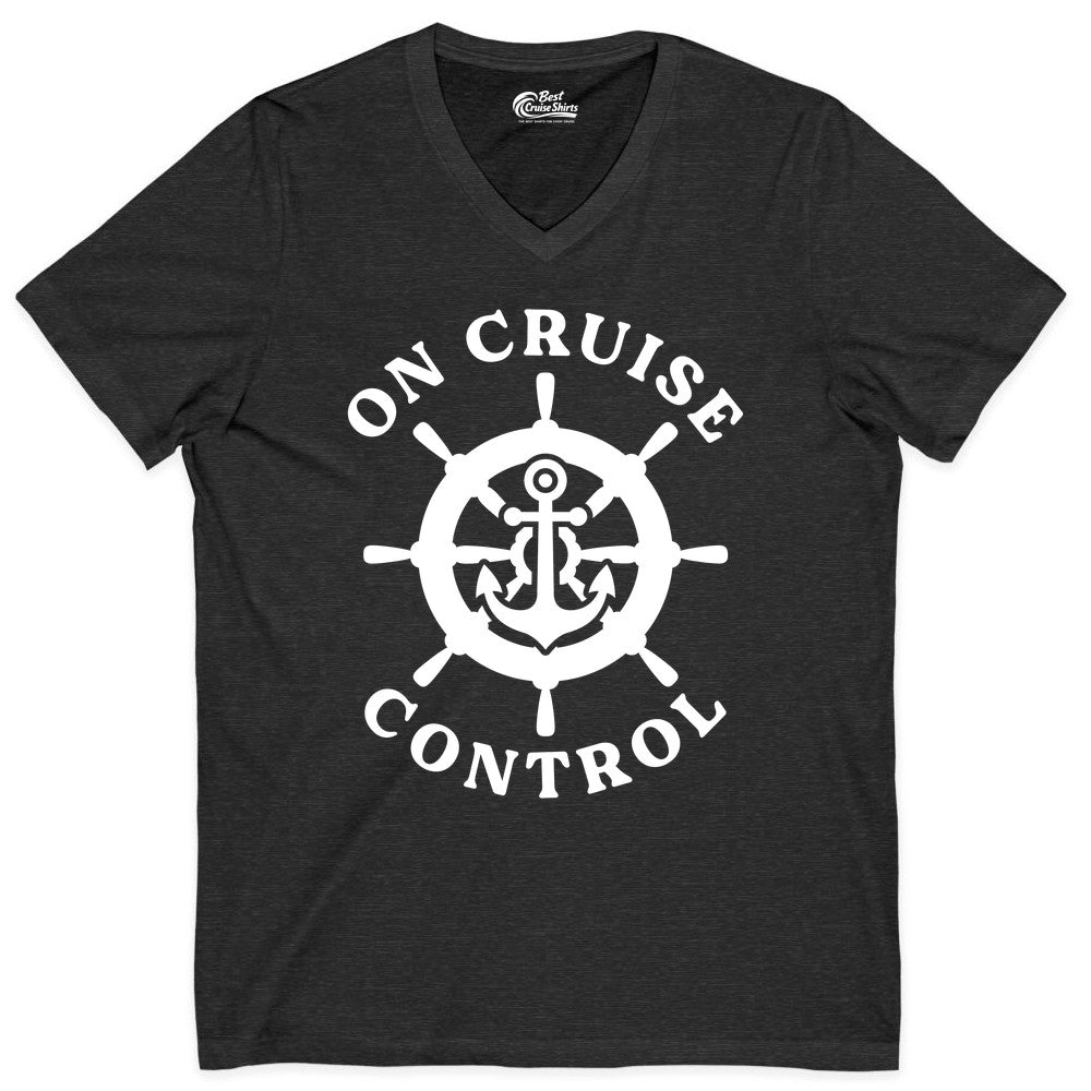 On Cruise Control Shirt - Nautical Cruise T-Shirt for Vacationers (V-Neck) in Dark Grey Heather - On Cruise Control Nautical Anchor Helm Wheel Cruise Shirt