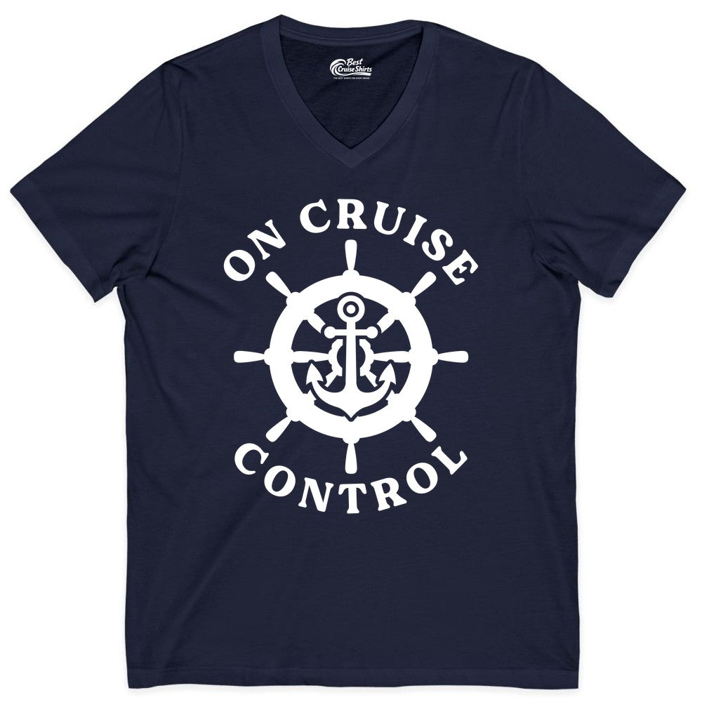 On Cruise Control Shirt - Nautical Cruise T-Shirt for Vacationers (V-Neck) in Navy - On Cruise Control Nautical Anchor Helm Wheel Cruise Shirt