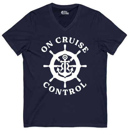 On Cruise Control Shirt - Nautical Cruise T-Shirt for Vacationers (V-Neck) in Navy - On Cruise Control Nautical Anchor Helm Wheel Cruise Shirt