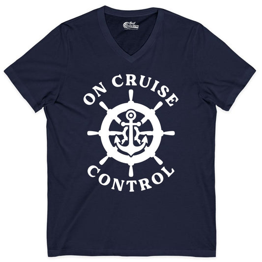 On Cruise Control Shirt - Nautical Cruise T-Shirt for Vacationers (V-Neck) in Navy - On Cruise Control Nautical Anchor Helm Wheel Cruise Shirt