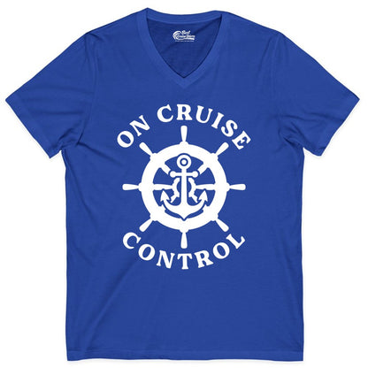 On Cruise Control Shirt - Nautical Cruise T-Shirt for Vacationers (V-Neck) in True Royal - On Cruise Control Nautical Anchor Helm Wheel Cruise Shirt