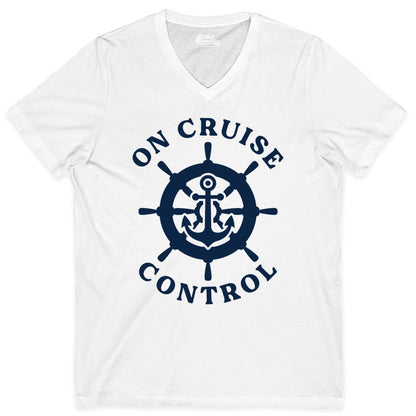 On Cruise Control Shirt - Nautical Cruise T-Shirt for Vacationers (V-Neck) in White - On Cruise Control Nautical Anchor Helm Wheel Cruise Shirt