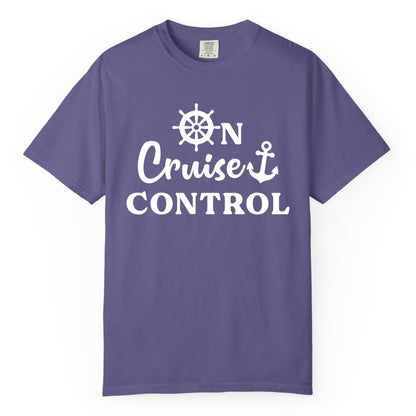 On Cruise Control Shirt - Fun Nautical Cruise Vacation Apparel (Comfort Color) in Grape - On Cruise Control Shirt - Nautical Icons and Bold White Lettering Tee