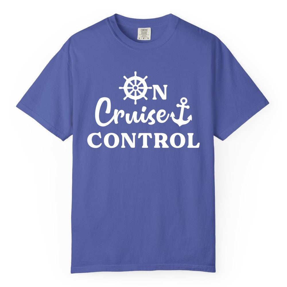 On Cruise Control Shirt - Fun Nautical Cruise Vacation Apparel (Comfort Color) in Periwinkle - On Cruise Control Shirt - Nautical Icons and Bold White Lettering Tee