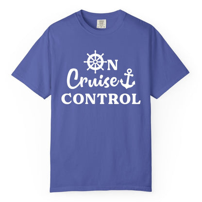 On Cruise Control Shirt - Fun Nautical Cruise Vacation Apparel (Comfort Color) in Periwinkle - On Cruise Control Shirt - Nautical Icons and Bold White Lettering Tee