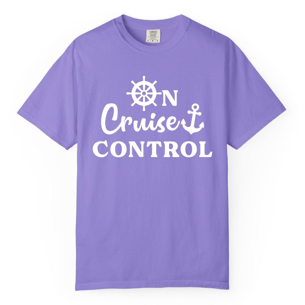 On Cruise Control Shirt - Fun Nautical Cruise Vacation Apparel (Comfort Color) in Violet - On Cruise Control Shirt - Nautical Icons and Bold White Lettering Tee