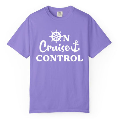 On Cruise Control Shirt - Fun Nautical Cruise Vacation Apparel (Comfort Color) in Violet - On Cruise Control Shirt - Nautical Icons and Bold White Lettering Tee