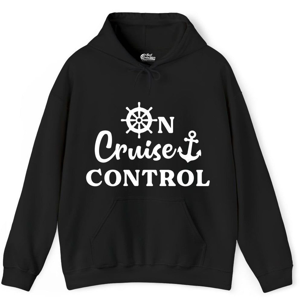On Cruise Control Shirt - Fun Nautical Cruise Vacation Apparel (Hoodie) in Black - On Cruise Control Shirt - Nautical Icons and Bold White Lettering Tee