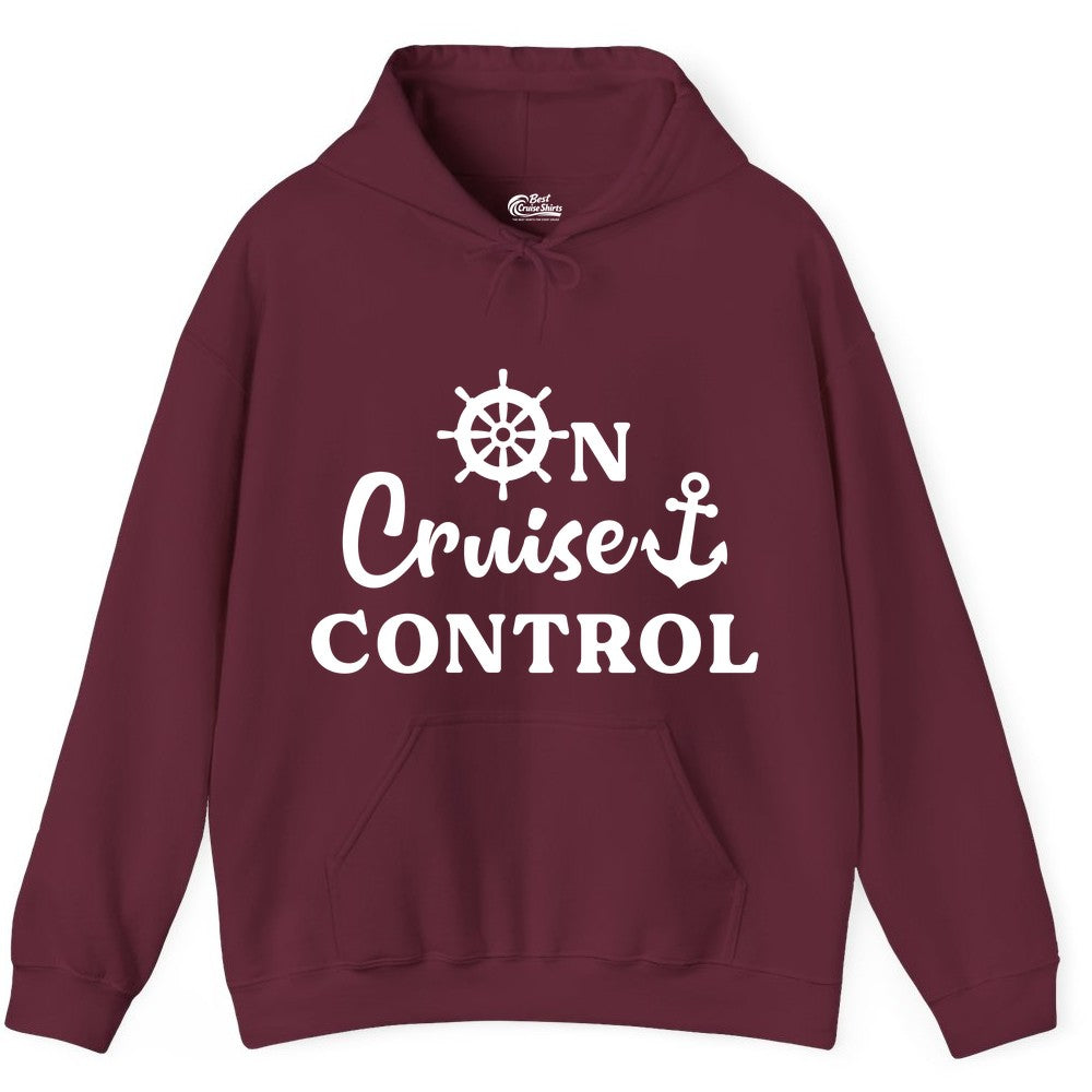 On Cruise Control Shirt - Fun Nautical Cruise Vacation Apparel (Hoodie) in Maroon - On Cruise Control Shirt - Nautical Icons and Bold White Lettering Tee
