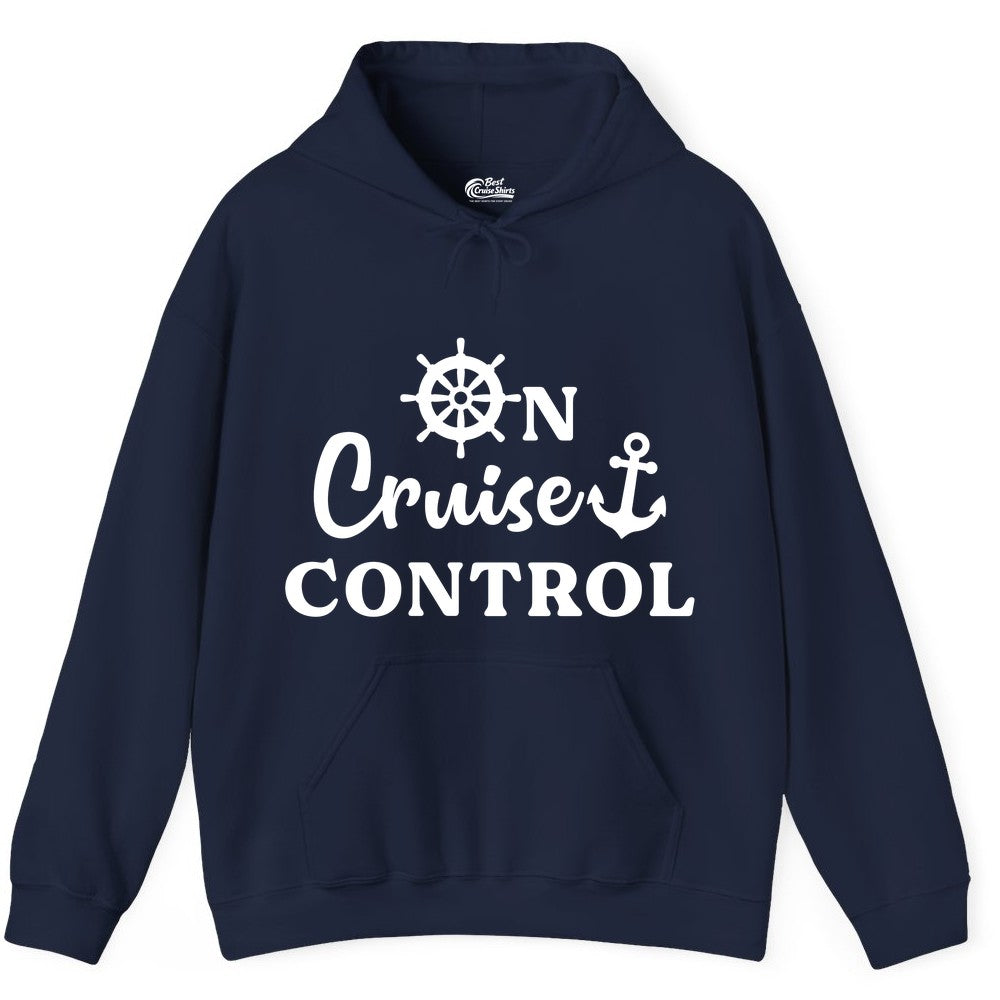 On Cruise Control Shirt - Fun Nautical Cruise Vacation Apparel (Hoodie) in Navy - On Cruise Control Shirt - Nautical Icons and Bold White Lettering Tee