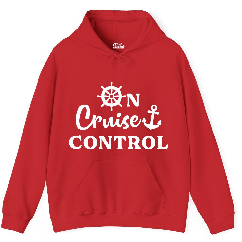 On Cruise Control Shirt - Fun Nautical Cruise Vacation Apparel (Hoodie) in Red - On Cruise Control Shirt - Nautical Icons and Bold White Lettering Tee