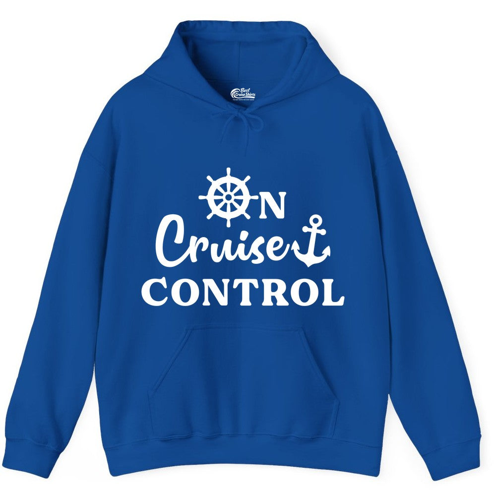 On Cruise Control Shirt - Fun Nautical Cruise Vacation Apparel (Hoodie) in Royal - On Cruise Control Shirt - Nautical Icons and Bold White Lettering Tee