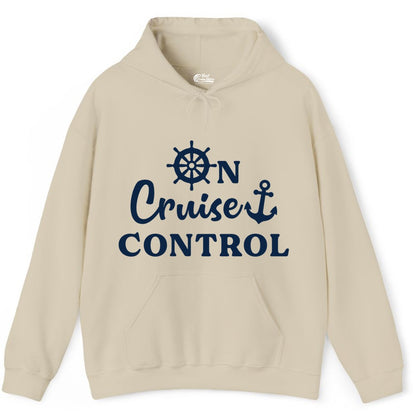 On Cruise Control Shirt - Fun Nautical Cruise Vacation Apparel (Hoodie) in Sand - On Cruise Control Shirt - Nautical Icons and Bold White Lettering Tee