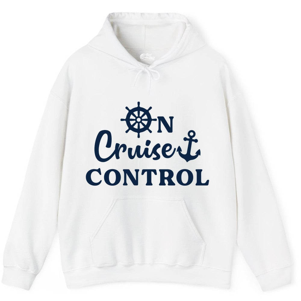 On Cruise Control Shirt - Fun Nautical Cruise Vacation Apparel (Hoodie) in White - On Cruise Control Shirt - Nautical Icons and Bold White Lettering Tee