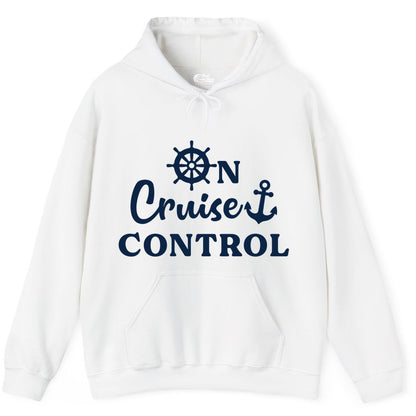 On Cruise Control Shirt - Fun Nautical Cruise Vacation Apparel (Hoodie) in White - On Cruise Control Shirt - Nautical Icons and Bold White Lettering Tee
