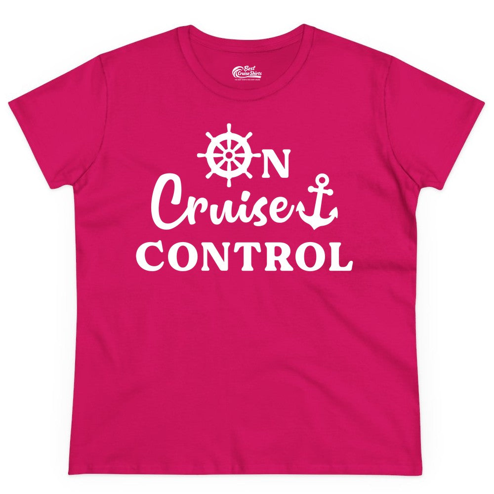 On Cruise Control Shirt - Fun Nautical Cruise Vacation Apparel (Ladies Tee) in Heliconia - On Cruise Control Shirt - Nautical Icons and Bold White Lettering Tee