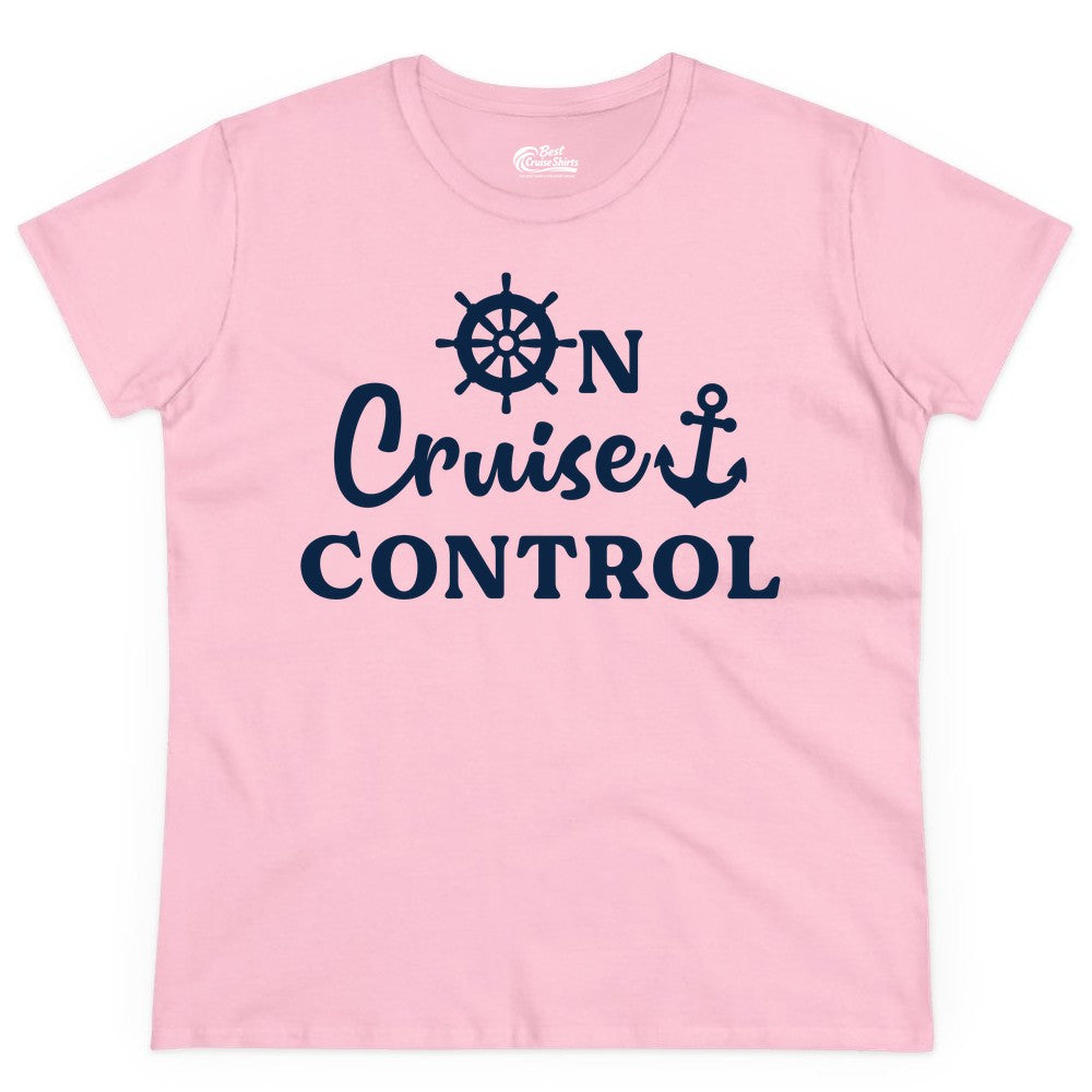 On Cruise Control Shirt - Fun Nautical Cruise Vacation Apparel (Ladies Tee) in Light Pink - On Cruise Control Shirt - Nautical Icons and Bold White Lettering Tee
