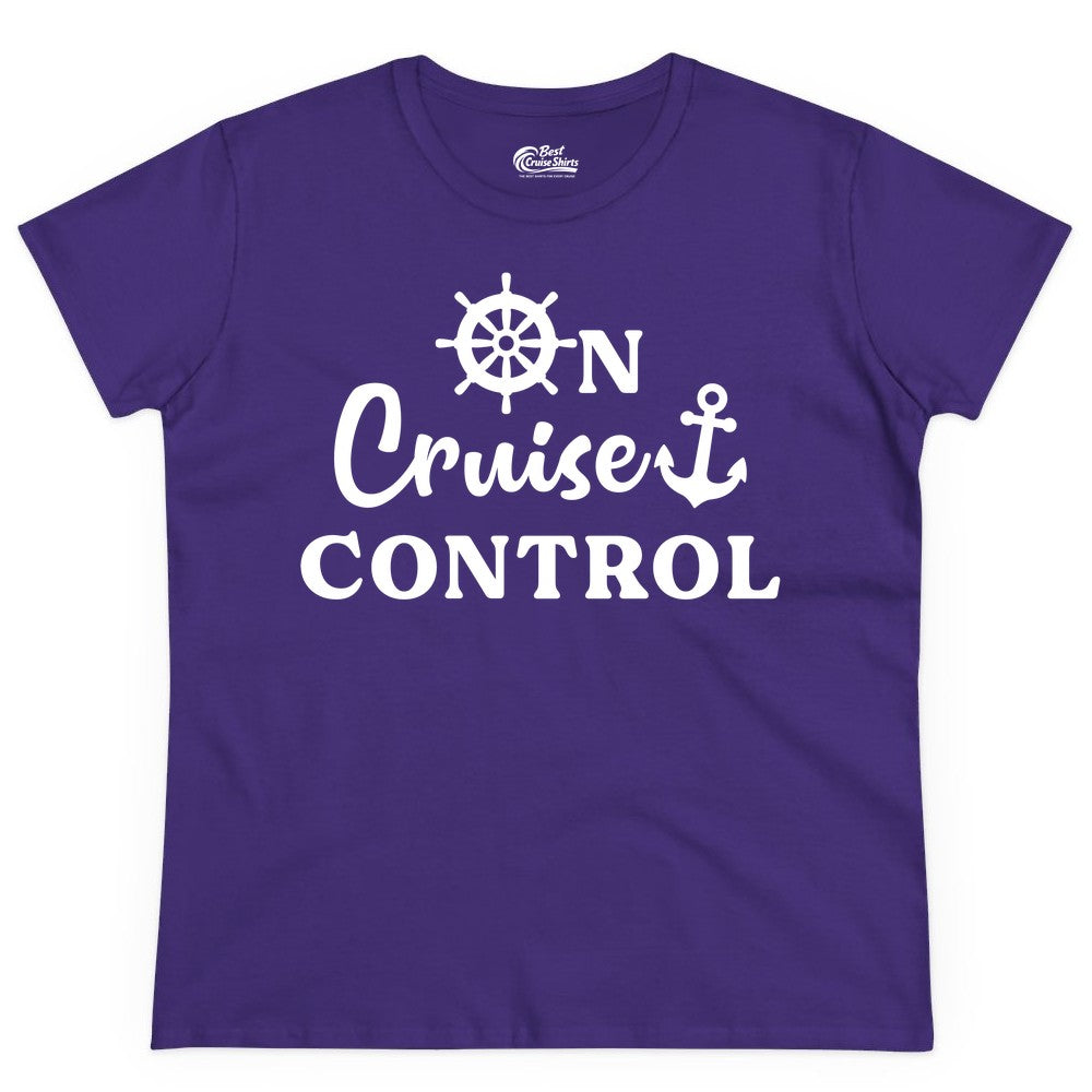 On Cruise Control Shirt - Fun Nautical Cruise Vacation Apparel (Ladies Tee) in Purple - On Cruise Control Shirt - Nautical Icons and Bold White Lettering Tee