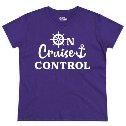 On Cruise Control Shirt - Fun Nautical Cruise Vacation Apparel (Ladies Tee) in Purple - On Cruise Control Shirt - Nautical Icons and Bold White Lettering Tee