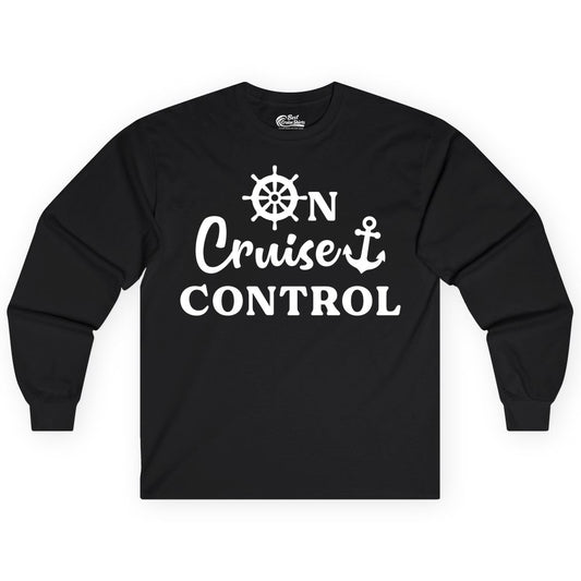 On Cruise Control Shirt - Fun Nautical Cruise Vacation Apparel (Long Sleeve) in Black - On Cruise Control Shirt - Nautical Icons and Bold White Lettering Tee