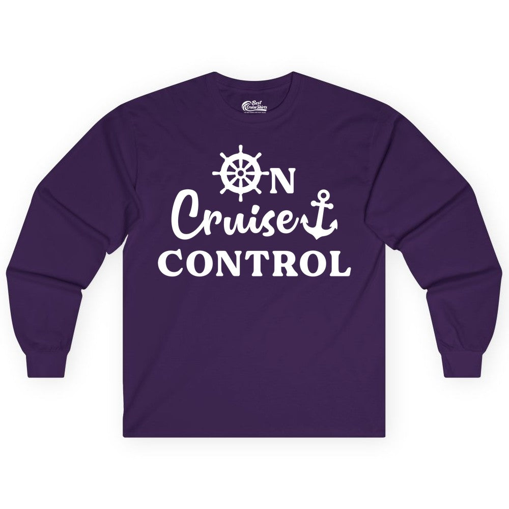 On Cruise Control Shirt - Fun Nautical Cruise Vacation Apparel (Long Sleeve) in Purple - On Cruise Control Shirt - Nautical Icons and Bold White Lettering Tee