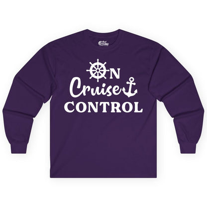 On Cruise Control Shirt - Fun Nautical Cruise Vacation Apparel (Long Sleeve) in Purple - On Cruise Control Shirt - Nautical Icons and Bold White Lettering Tee