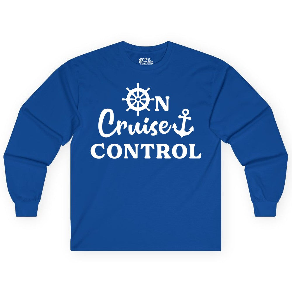 On Cruise Control Shirt - Fun Nautical Cruise Vacation Apparel (Long Sleeve) in Royal - On Cruise Control Shirt - Nautical Icons and Bold White Lettering Tee