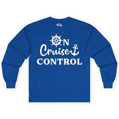 On Cruise Control Shirt - Fun Nautical Cruise Vacation Apparel (Long Sleeve) in Royal - On Cruise Control Shirt - Nautical Icons and Bold White Lettering Tee
