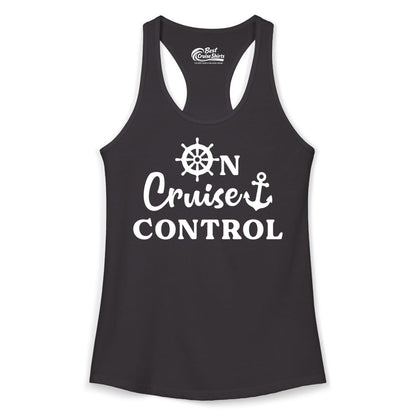 On Cruise Control Shirt - Fun Nautical Cruise Vacation Apparel (Ladies Tank) in Black - On Cruise Control Shirt - Nautical Icons and Bold White Lettering Tee